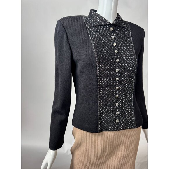 St. John Evening By Marie Gray Black Knit Rhinestone Button Down Top w/ Blemish - Picture 10 of 16